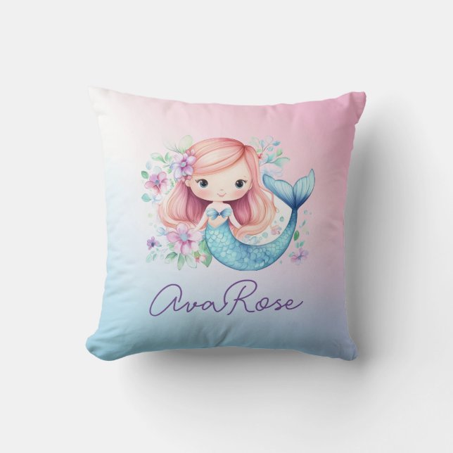 Cute Mermaid Girls Personalized Nursery Cushion (Front)