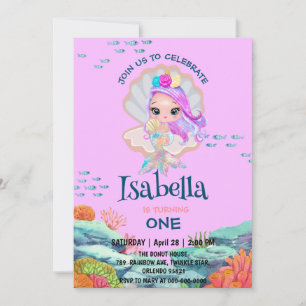 Cute Mermaid glitter pearl Rainbow Birthday party  Invitation