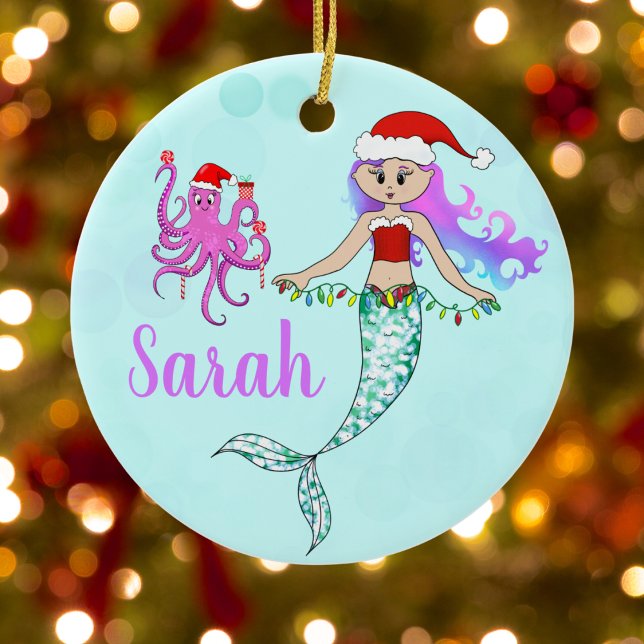 Cute Mermaid Holding Christmas Lights Name Ceramic Tree Decoration (Creator Uploaded)