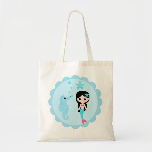 Cute Mermaid in Blue Tote Bag (Front)