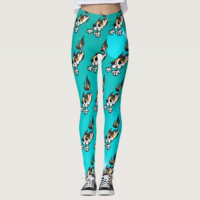 CUTE MERMAID KITTY CAT TURQUOISE LEGGINGS (Front)