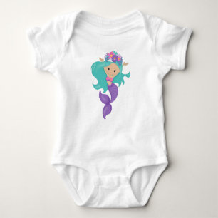 Cute Mermaid, Little Mermaid, Blue Hair, Flowers Baby Bodysuit