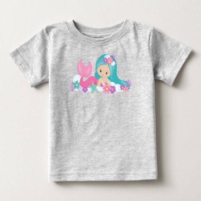 Cute Mermaid, Little Mermaid, Flowers, Blue Hair Baby T-Shirt (Front)