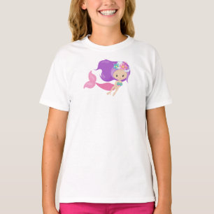 Cute Mermaid, Little Mermaid, Flowers, Purple Hair T-Shirt
