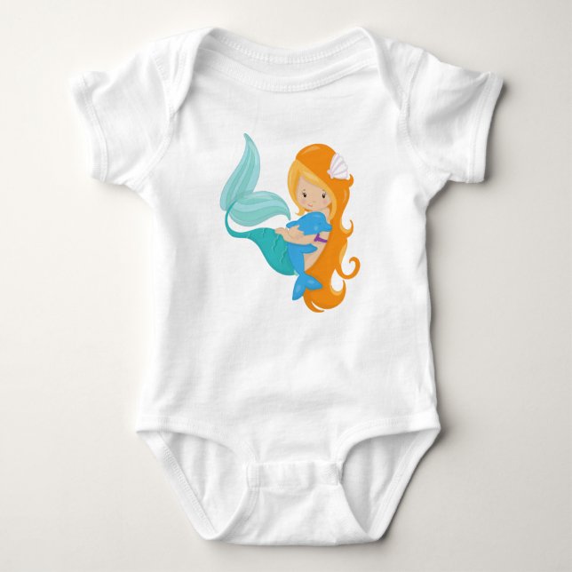 Cute Mermaid, Little Mermaid, Orange Hair, Dolphin Baby Bodysuit (Front)