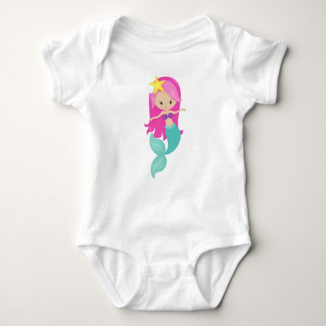 Cute Mermaid, Little Mermaid, Pink Hair, Starfish Baby Bodysuit (Front)