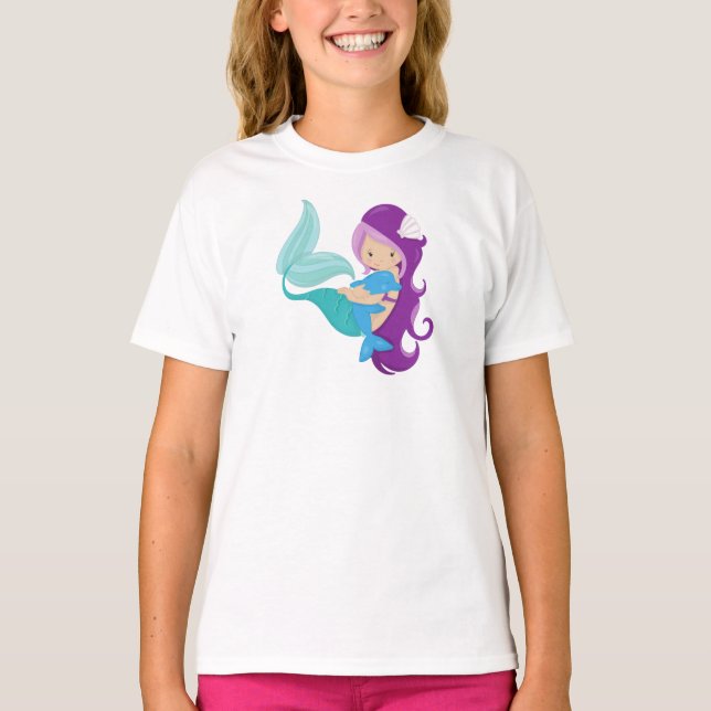 Cute Mermaid, Little Mermaid, Purple Hair, Dolphin T-Shirt (Front)
