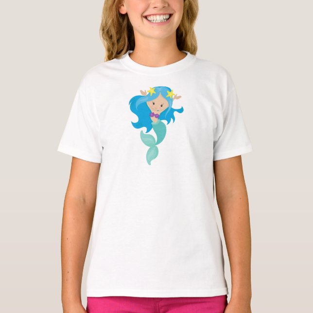 Cute Mermaid, Little Mermaid, Starfish, Blue Hair T-Shirt (Front)