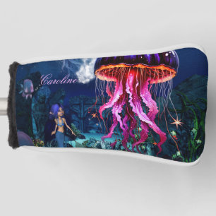 Cute mermaid looks at the beautiful jellyfish golf head cover