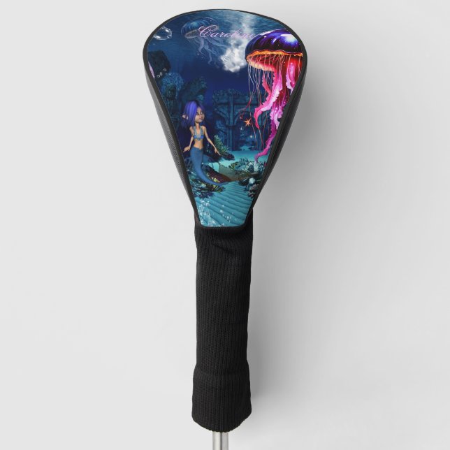 Cute mermaid looks at the beautiful jellyfish golf head cover (Front)