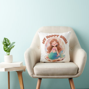 Cute Mermaid My Happy Shell Quote Pastel Aesthetic Cushion
