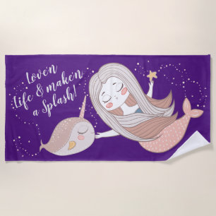 Cute Mermaid 'n Narwhal Personalizable Beach Towel