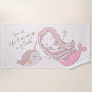 Cute Mermaid 'n Narwhal Personalizable Beach Towel