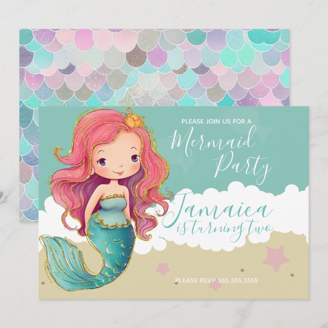 Cute Mermaid Ocean Beach Birthday Party  Sand Invitation (Front/Back)