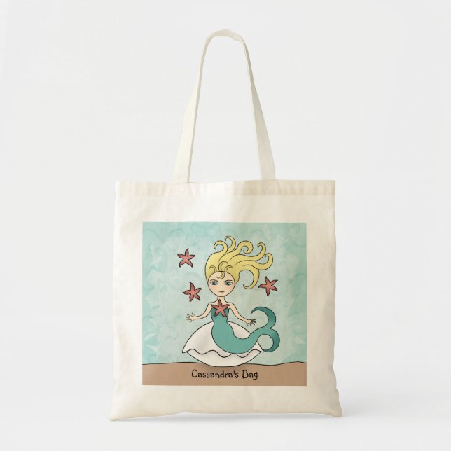 Cute mermaid on a shell with starfish tote bag (Front)