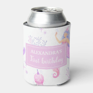 Cute Mermaid Party Girl 1st Birthday Personalised Can Cooler