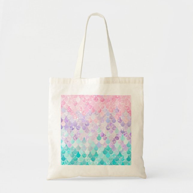 Cute Mermaid Pastel Iridescent, Pink, Purple, Teal Tote Bag (Front)