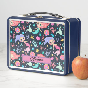 Cute Mermaid Pattern Customisable Name Metal Lunch Box