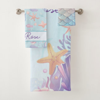 Cute Mermaid Pattern Personalized Girly Bath Towel Set
