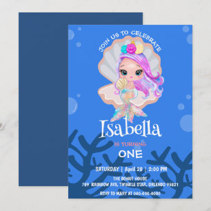Cute Mermaid pearl Rainbow whale Birthday party Save The Date