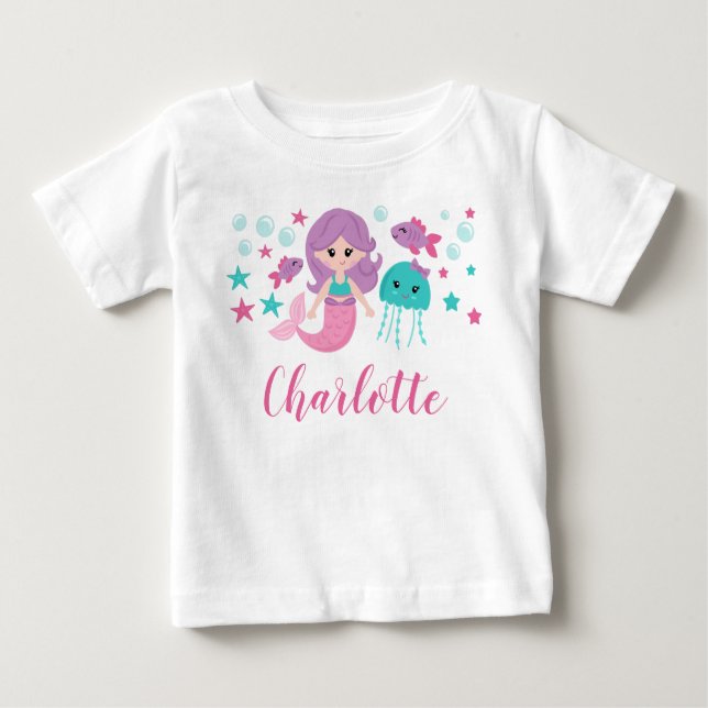 Cute Mermaid Personalised Girl Baby T-Shirt (Front)