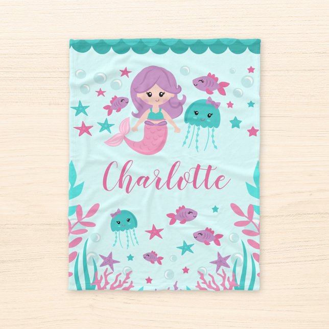 Cute Mermaid Personalised Girl Fleece Blanket (Creator Uploaded)