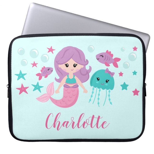 Cute Mermaid Personalised Girl Laptop Sleeve (Front)