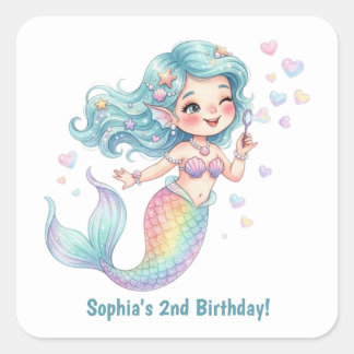 Cute Mermaid Personalised Name and Age Birthday Square Sticker