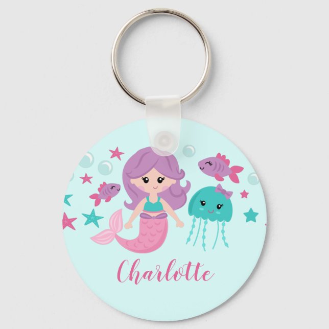 Cute Mermaid Personalized Girl Key Ring (Front)