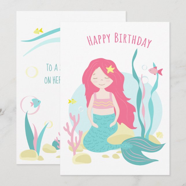    Cute Mermaid Pink and Mint Birthday for Girl (Front/Back)