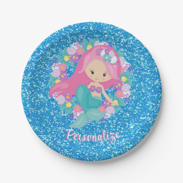 Cute Mermaid Pink Blue Glitter Personalise Paper Plate (Front)