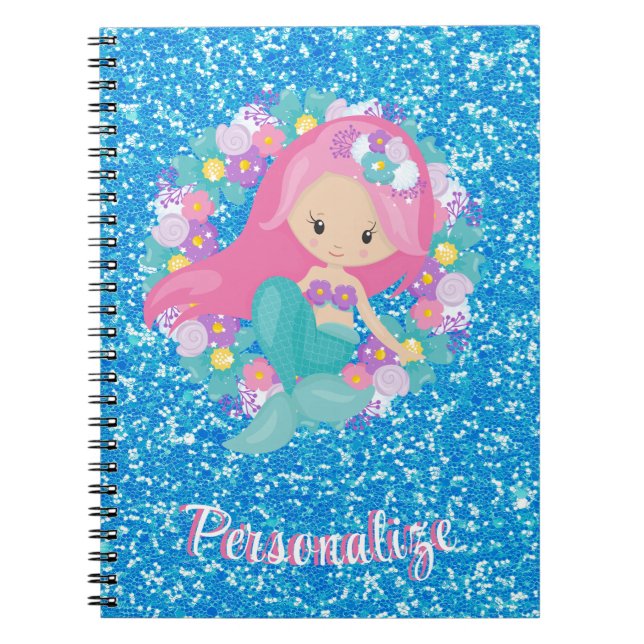 Cute Mermaid Pink Blue Glitter Personalised Notebook (Front)