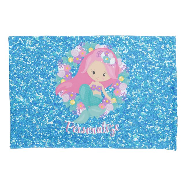 Cute Mermaid Pink Blue Glitter Personalised Pillowcase (Front)