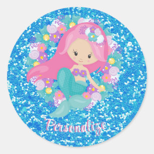 Cute Mermaid Pink Blue Glitter Personalize Classic Round Sticker