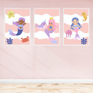 Cute Mermaid Pink Nursery Kids Poster