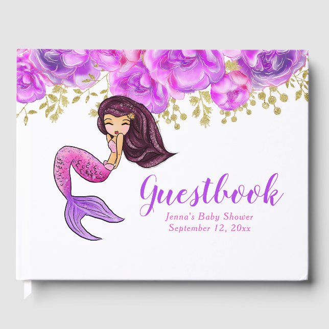 Cute Mermaid | Pink Peonies Floral Baby Shower Guest Book (Front)
