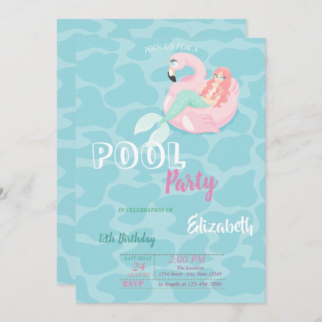 Cute Mermaid Pool Birthday Party Invitation (Front/Back)