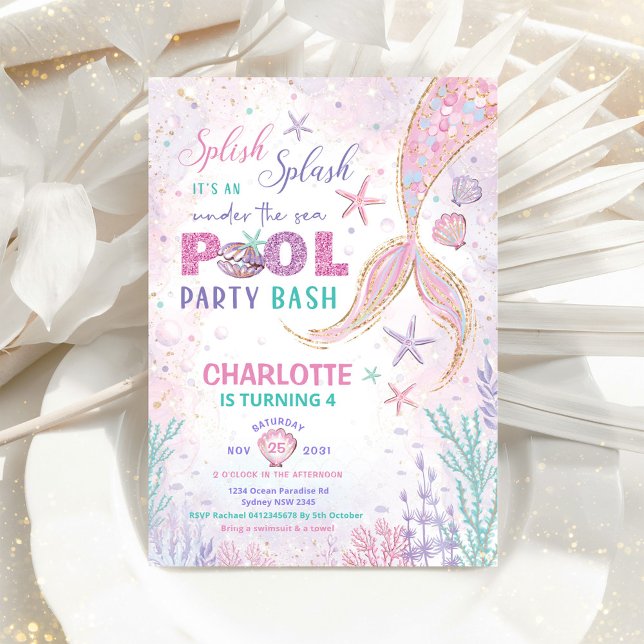 Cute Mermaid Pool Party Under the Sea Birthday Invitation (Creator Uploaded)