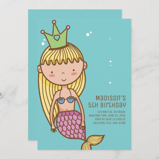 Cute Mermaid Princess Birthday Party Invitation (Front/Back)