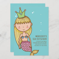 Cute Mermaid Princess Birthday Party Invitation