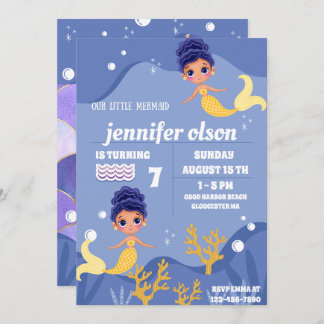 Cute Mermaid Princess Underwater Golden Mermaid Invitation