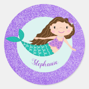 Cute Mermaid Purple Glitter Personalised Classic Round Sticker