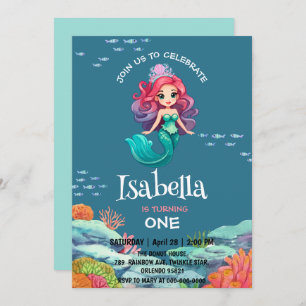 Cute Mermaid Rainbow colourful Birthday party name Invitation