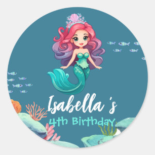 Cute Mermaid Rainbow colourful crown Birthday part Classic Round Sticker