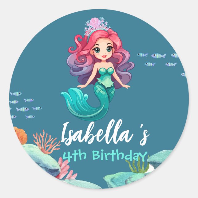 Cute Mermaid Rainbow colourful crown Birthday part Classic Round Sticker (Front)
