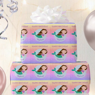 Cute Mermaid Rainbow Glitter Personalised Birthday Wrapping Paper