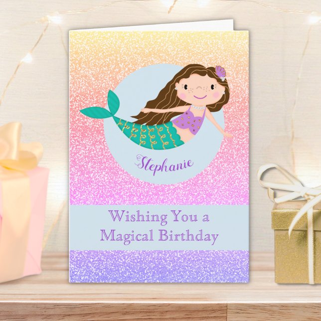 Cute Mermaid Rainbow Glitter Personalised Card (Creator Uploaded)
