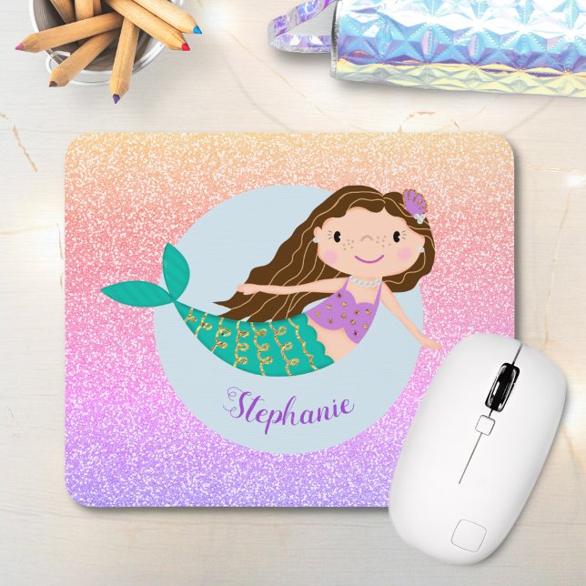 Cute Mermaid Rainbow Glitter Personalised Mouse Pad (Creator Uploaded)
