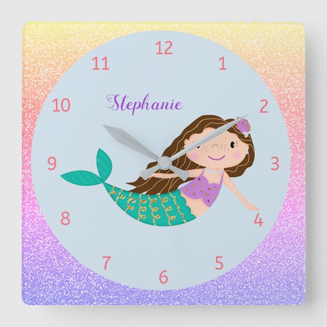 Cute Mermaid Rainbow Glitter Personalised Square Wall Clock (Front)