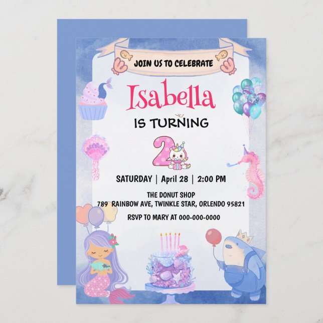 Cute Mermaid Rainbow Unicorn 2nd Birthday Party  Invitation (Front/Back)